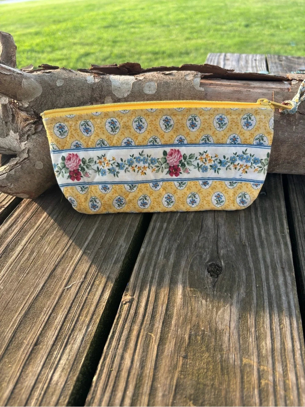 Vera Bradley Yellow Floral Zip Cosmetic Pouch with Rose Trim